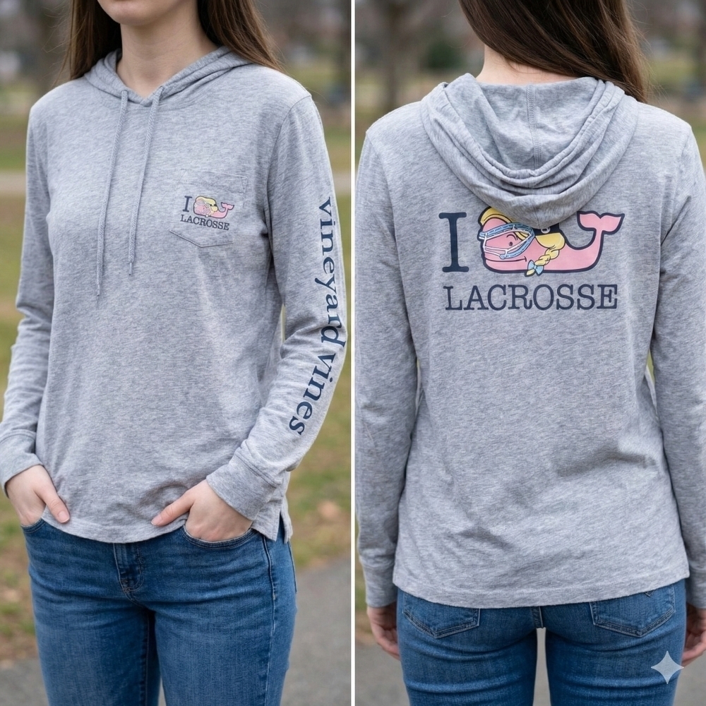 Vineyard Vines Women's Grey Preppy Nautical Lacrosse Hooded Shirt Size Medium